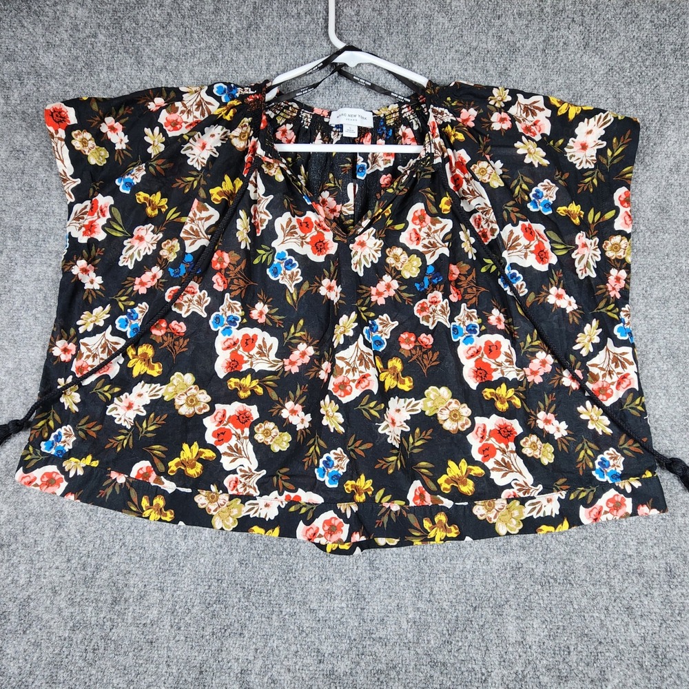 Marc New York Jeans Floral Peasant Top Small Black Multicolor TasselSmockedVNeck